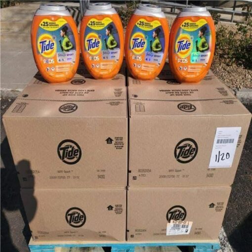 Wholesale pallet of brand-new Tide liquid laundry detergent in assorted sizes – perfect for retailers, wholesalers, and bulk buyers”